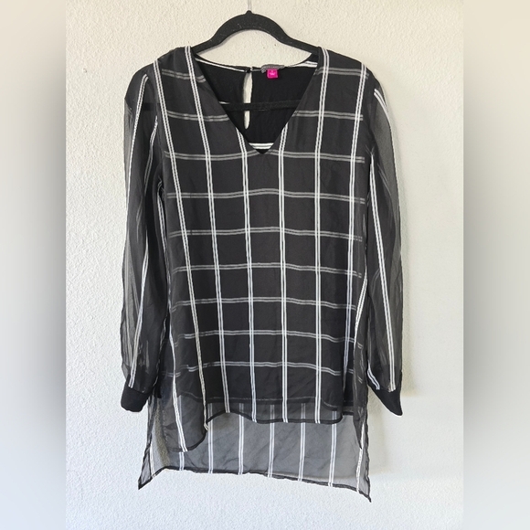 Vince Camuto Tunic Women Sz S Multi Print Mesh Sheer High Low Classy Modern - Picture 8 of 13